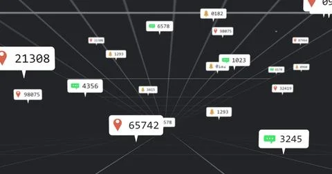 Displaying central bubble floating over dark gray 3D grid, with red pin icon and Stock Photos