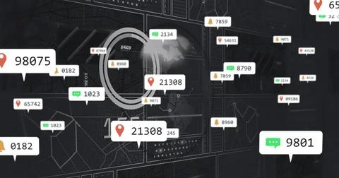 Displaying central bubble showing 21308 on digital dashboard, with data pop-ups Illustrazione stock