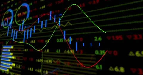 Displaying central candle chart on trade screen, showing blue bars, green or red Stock Illustration