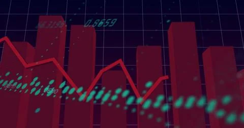 Displaying central chart with red 3D bars and red line on dark grid, cyan dat Ilustração Stock