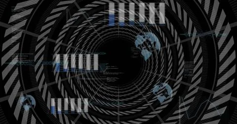 Displaying central chevron tunnel rotating toward black void in HUD, with blue Illustrazione stock