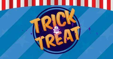 Displaying central circular badge showing TRICK OR TREAT text and ghost on blue Stock Illustration