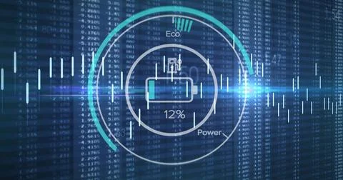 Displaying central circular battery gauge showing 12% on UI, with Eco or Powe Stock Illustration
