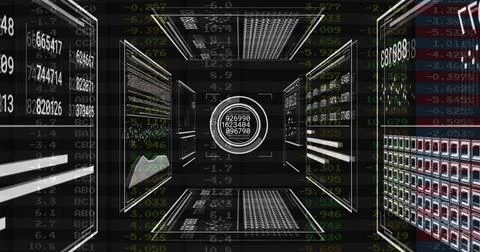 Displaying central circular data interface glowing in data corridor, with Illustrazione stock