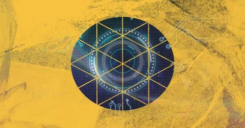 Displaying central circular digital interface on yellow backdrop, with grid Stock Photos