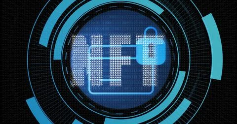 Displaying central circular disk rotating in virtual HUD, showing cyan padlock Stock Illustration