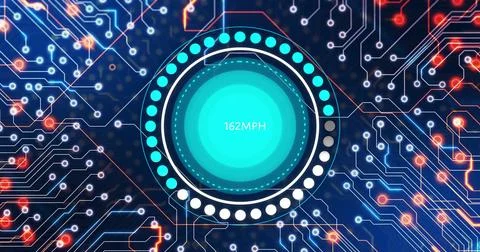 Displaying central circular gauge reading 162MPH with ring of dots at interface, Stock Photos