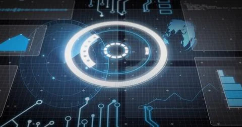 Displaying central circular hologram interface over data grid, showing circui Stock Illustration
