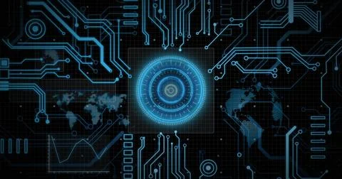 Displaying central circular holographic interface rotating over dark grid, with Stock Illustration