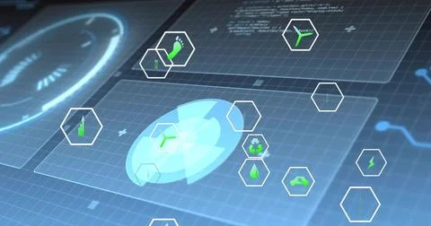Displaying central circular holographic radar on virtual control dashboard, with Illustrazione stock