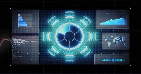 Displaying central circular hub pulsing blue-green light on grid interface, with Stock Photos