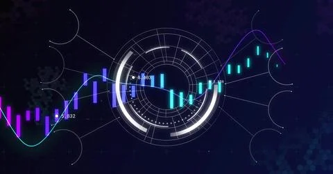 Displaying central circular HUD animating candlestick bars, line graphs, numeric Illustrazione stock