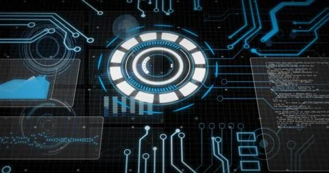 Displaying central circular HUD with concentric rings and radial ticks on dark Stock Illustration