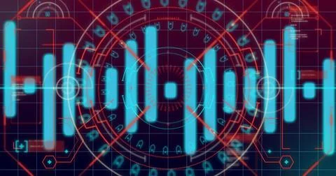 Displaying central circular HUD with concentric rings, cyan tall bars and red Stock Illustration