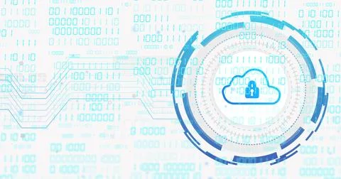 Displaying central circular HUD containing locked cloud at right, showing binary Stock Photos