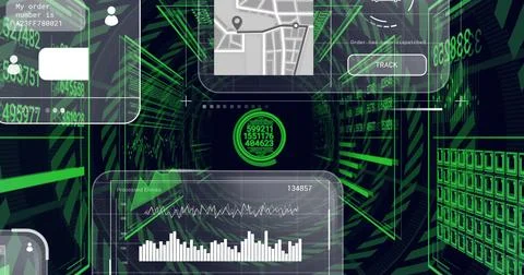 Displaying central circular HUD data node inside grid tunnel with UI panels and Stock Photos