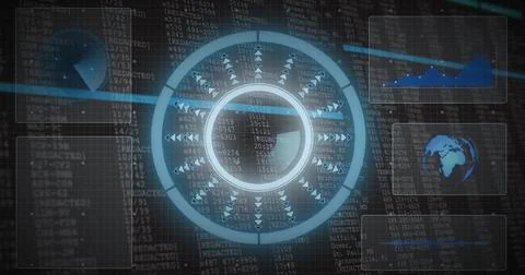 Displaying central circular HUD display over control panel, with data streaks Stock Photos