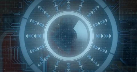 Displaying central circular HUD element pulsing over dark grid background, with Stock Photos