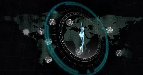 Displaying central circular HUD with glowing energy streak on control-panel, Stock Illustration