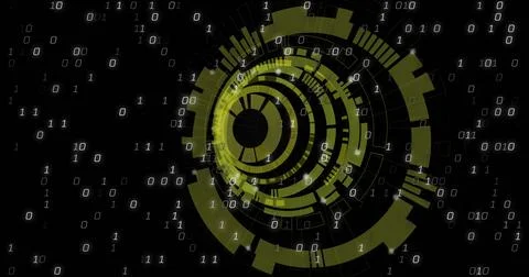 Displaying central circular HUD glowing neon olive on digital plane with Stock Illustration