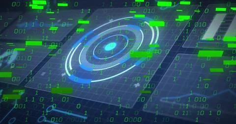 Displaying central circular HUD in grid interface, with floating green binary 库存插图