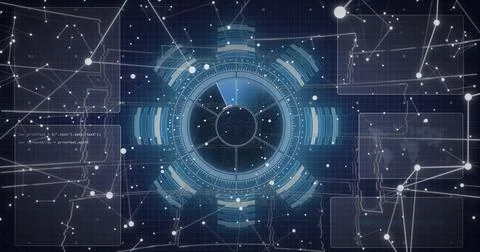 Displaying central circular HUD interface in virtual control room, with code 库存照片