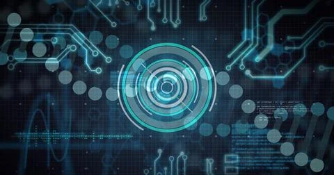 Displaying central circular HUD interface glowing over digital display, with Stockfoto's