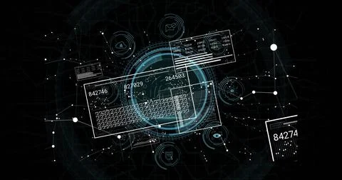 Displaying central circular HUD with keyboard outline in cyber dashboard, 스톡 일러스트