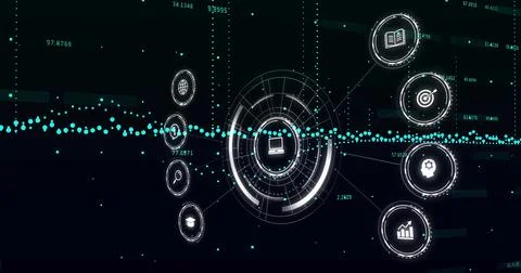 Displaying central circular HUD with laptop icon in virtual UI linking teal Stock Illustration