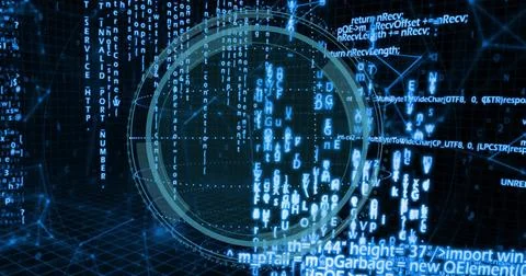 Displaying central circular HUD overlay pulsing in virtual space, with cascading Stock Photos