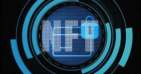 Displaying central circular HUD pulsing in futuristic UI, with dot-matrix INFO Stock Illustration