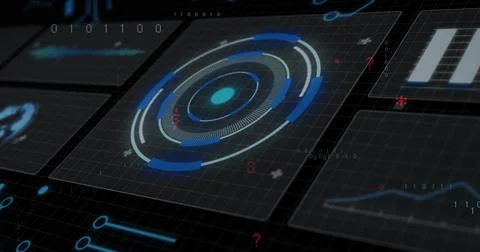 Displaying central circular HUD pulsing with segmented arcs on dark grid plane, Stock Photos