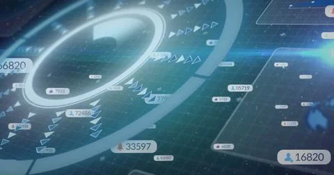 Displaying central circular HUD ring floating over virtual grid interface, with Foto stock