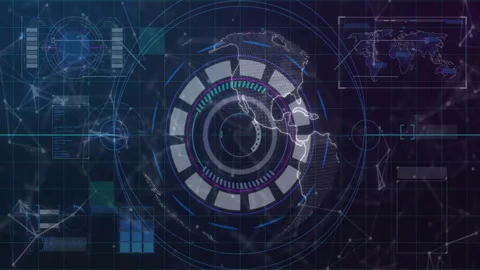 Displaying central circular HUD rotating over world map, showing arcs and data Stock Footage 307550962