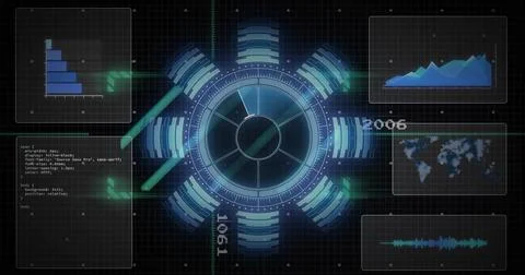 Displaying central circular HUD rotating on virtual console, showing bar chart, Stock Illustration