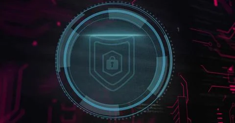 Displaying central circular HUD rotating on dark cyber dashboard, with shield Stock Illustration