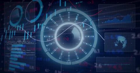 Displaying central circular HUD rotating on blue grid, showing diagonal data 스톡 일러스트