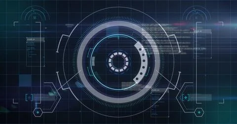 Displaying central circular HUD rotating over sci-fi dashboard grid, with code Stock Photos