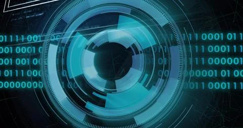 Displaying central circular HUD rotating in virtual dark tech background, with Stockfoto's