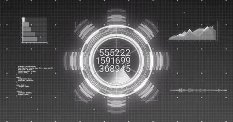 Displaying central circular HUD showing three numeric readouts on dark grid,  Stock Illustration