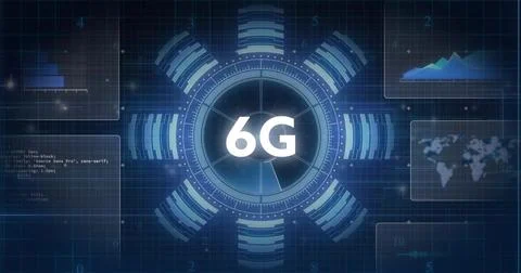 Displaying central circular HUD showing 6G in network UI, glowing rings and f Illustrazione stock