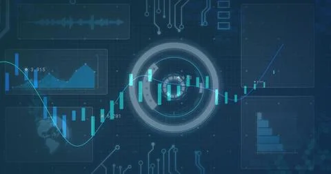 Displaying central circular HUD showing teal candlestick chart with blue trend Illustrazione stock