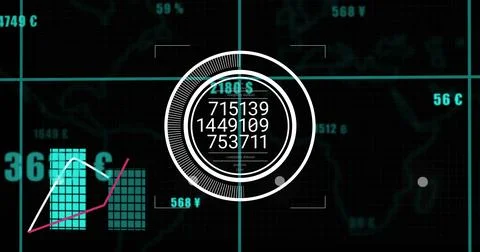 Displaying central circular HUD showing stacked numeric readouts on dark 库存插图