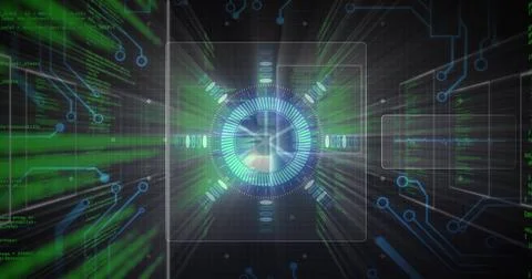 Displaying central circular HUD in square frame scrolling green code blue 写真素材