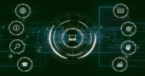 Displaying central circular HUD streaming data lines on green interface, with Illustrazione stock
