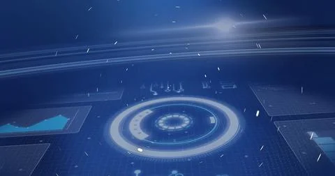 Displaying central circular HUD in tech control hub, with glowing particles and Stock Photos