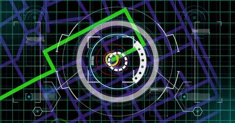 Displaying central circular interface on futuristic dashboard, with green grid Stock Illustration