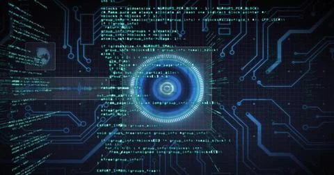 Displaying central circular interface pulsing on digital dashboard, with code, Stock Illustration