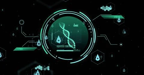 Displaying central circular interface pulsing and scanning on black field, with Illustrazione stock