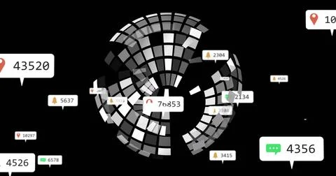 Displaying central circular mosaic on black backdrop, showing floating numeric Stock Illustration